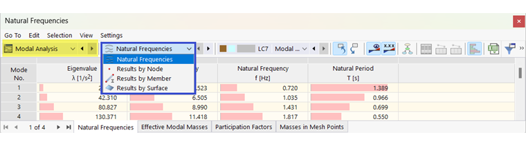Selecting Subcategory for Modal Analysis Results