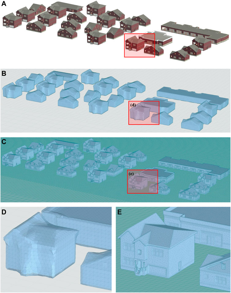 Community-Level Geometry Generation for Buildings: (A) BIM Model of Community; (B) Low-Resolution Geometry; (C) High-Resolution Geometry; (D–E) Close-up Views on Buildings Showing Size of Mesh Used to Generate Geometry
