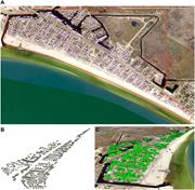 Building Footprint for Study Area in Mexico Beach, FL Along with New BIM and GIS Model: (A) Footprint for Buildings Within Study Area; (B) BIM Model for Community; (C) BIM Model of Community Georeferenced in 3-D GIS Environment