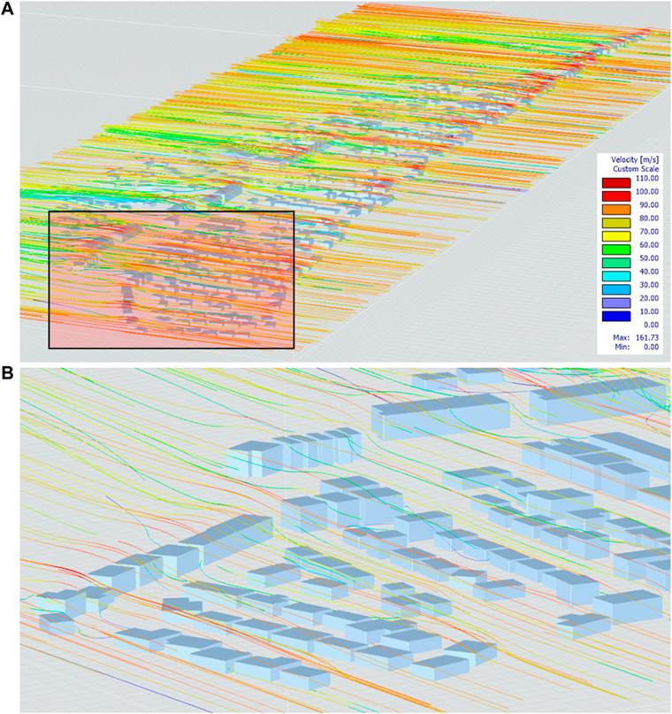 FIGURE 13. Wind flow analysis results (A) Wind flow lines across the community color-coded based on the variation of their wind speed; (B) Close-up view on the variation in wind flow and wind speed.