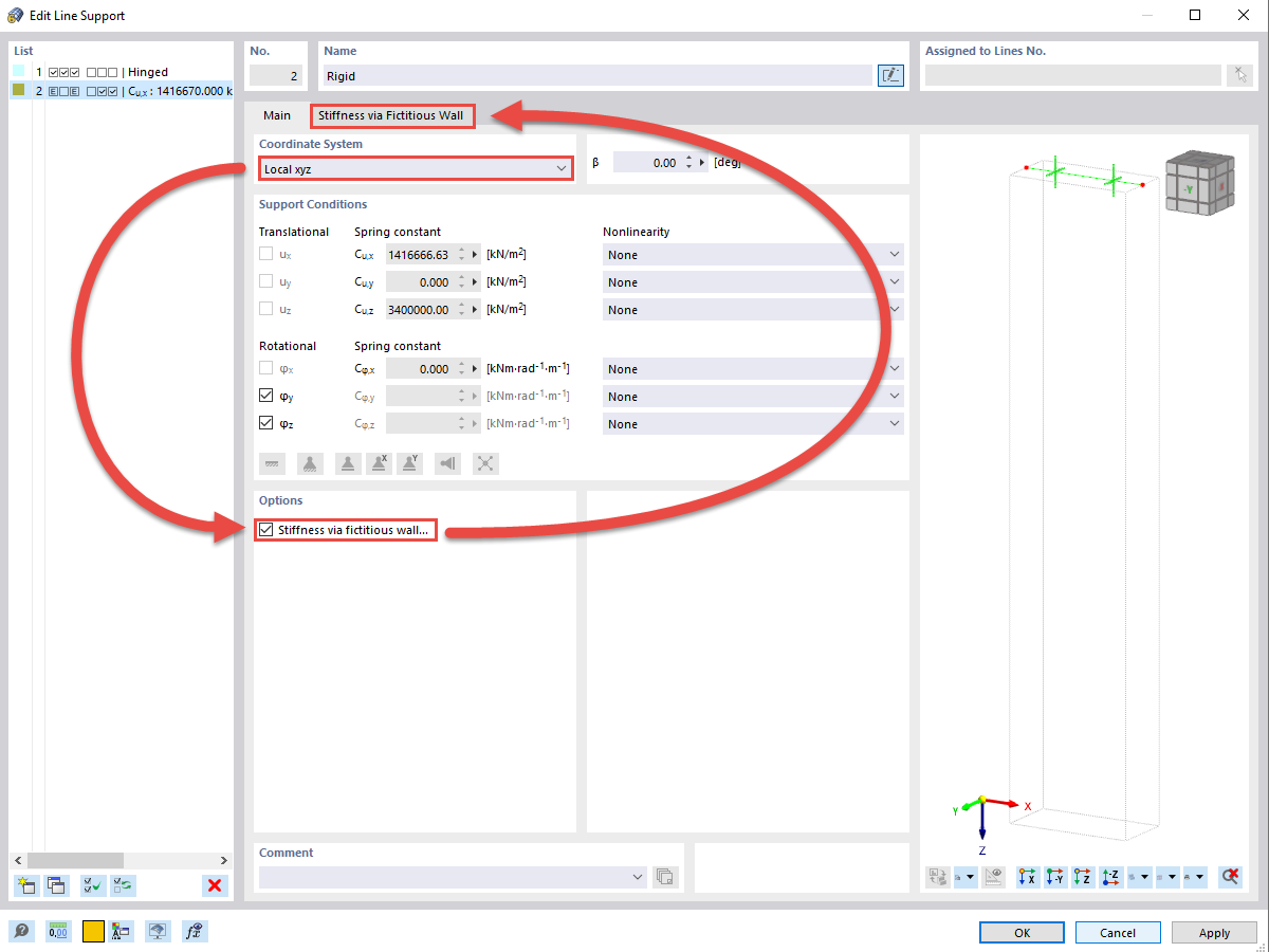 FAQ 005339 | I would like to determine and consider the stiffness of a line support using a fictitious wall. Why is this option grayed out?