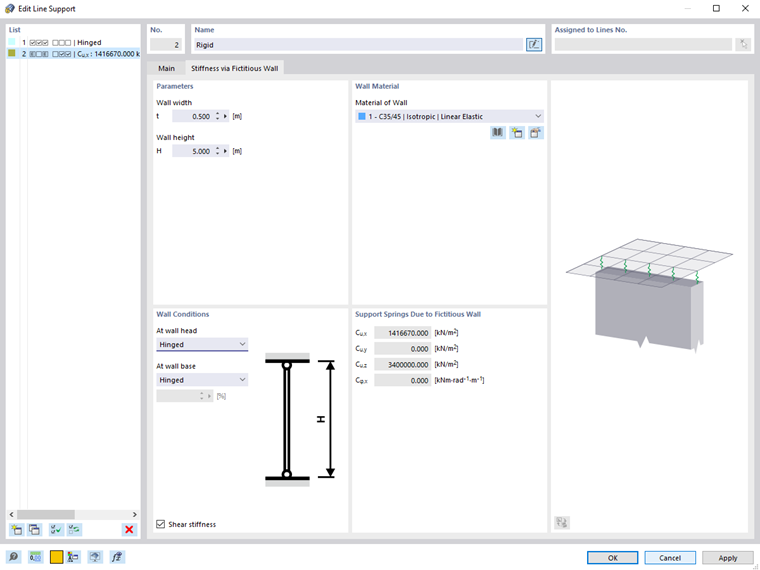 FAQ 005339 | I would like to determine and consider the stiffness of a line support using a fictitious wall. Why is this option grayed out?