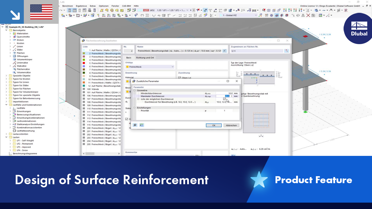 Darstellung der Auslegung von Flächenbewehrung in einem Bauprojekt. Nutzung einer spezifischen Technologiefunktion zur Optimierung der Bewehrungsverteilung bei Stahlbetonbauteilen.