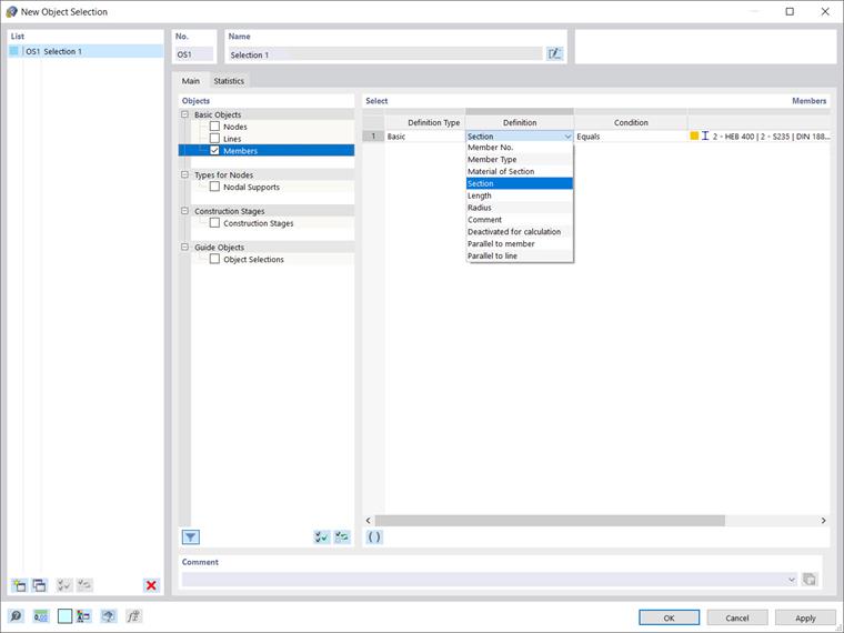 Dialog Box "New Object Selection": Selection 1
