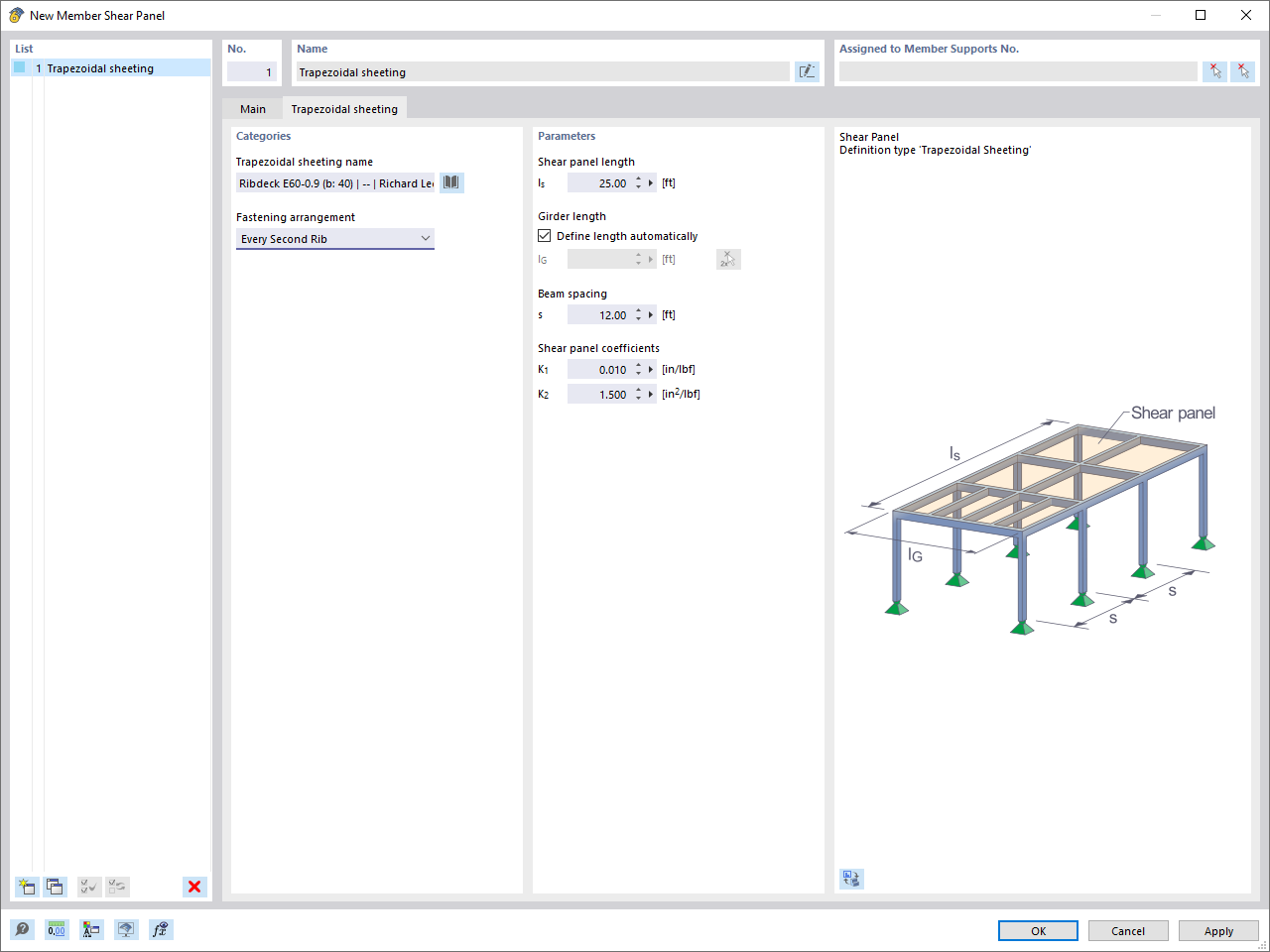 Dialog Box "Member Shear Panel", Tab "Trapezoidal Sheeting"