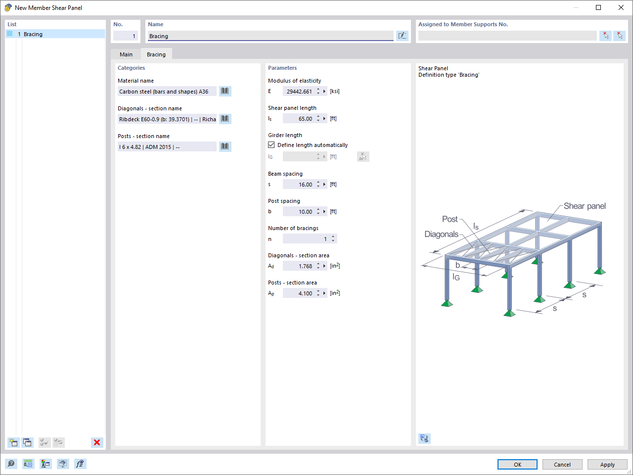 Dialog Box "Member Shear Panel", Tab "Bracing"