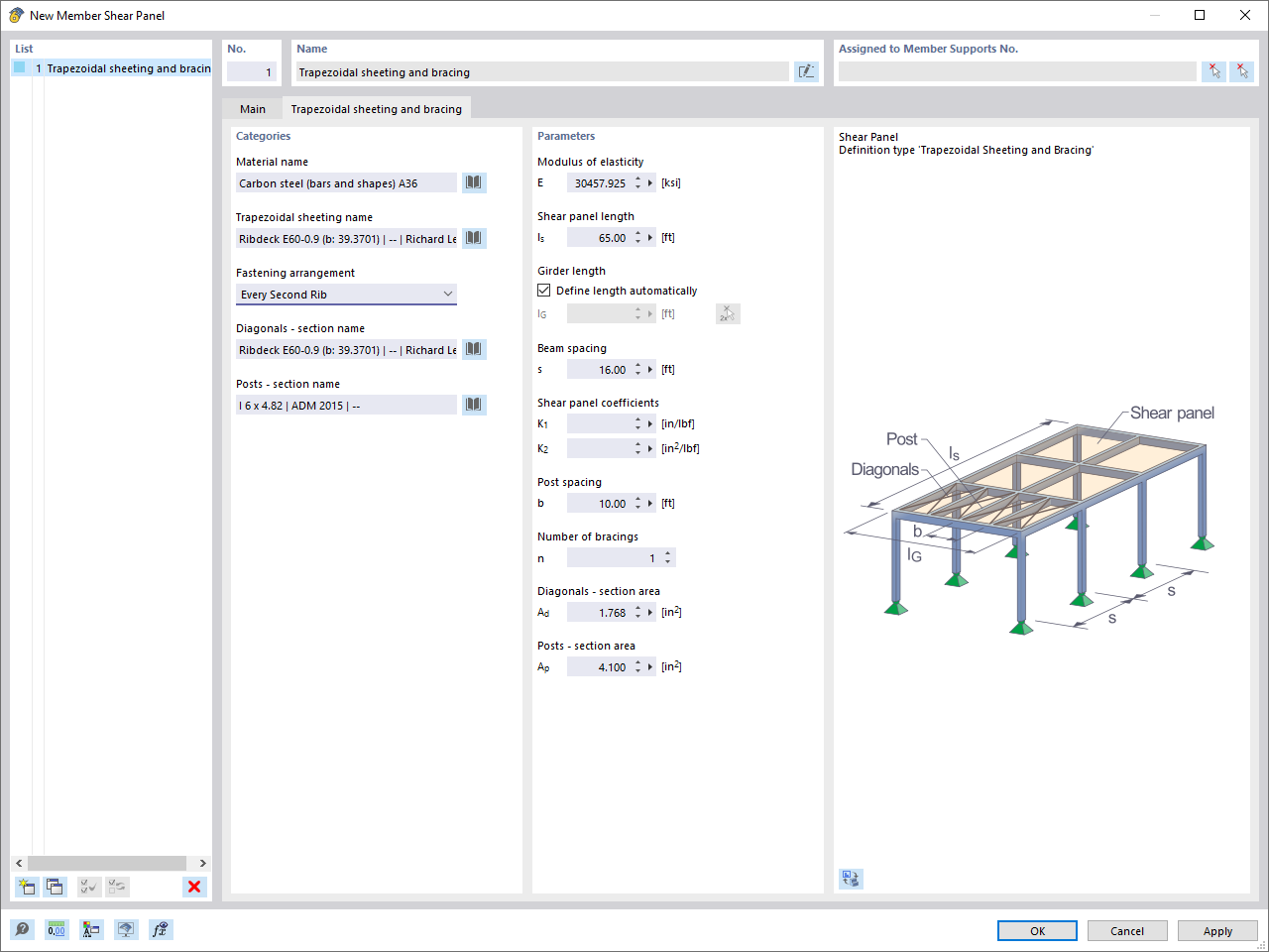 Dialog Box "Member Shear Panel", Tab "Trapezoidal Sheeting and Bracing"