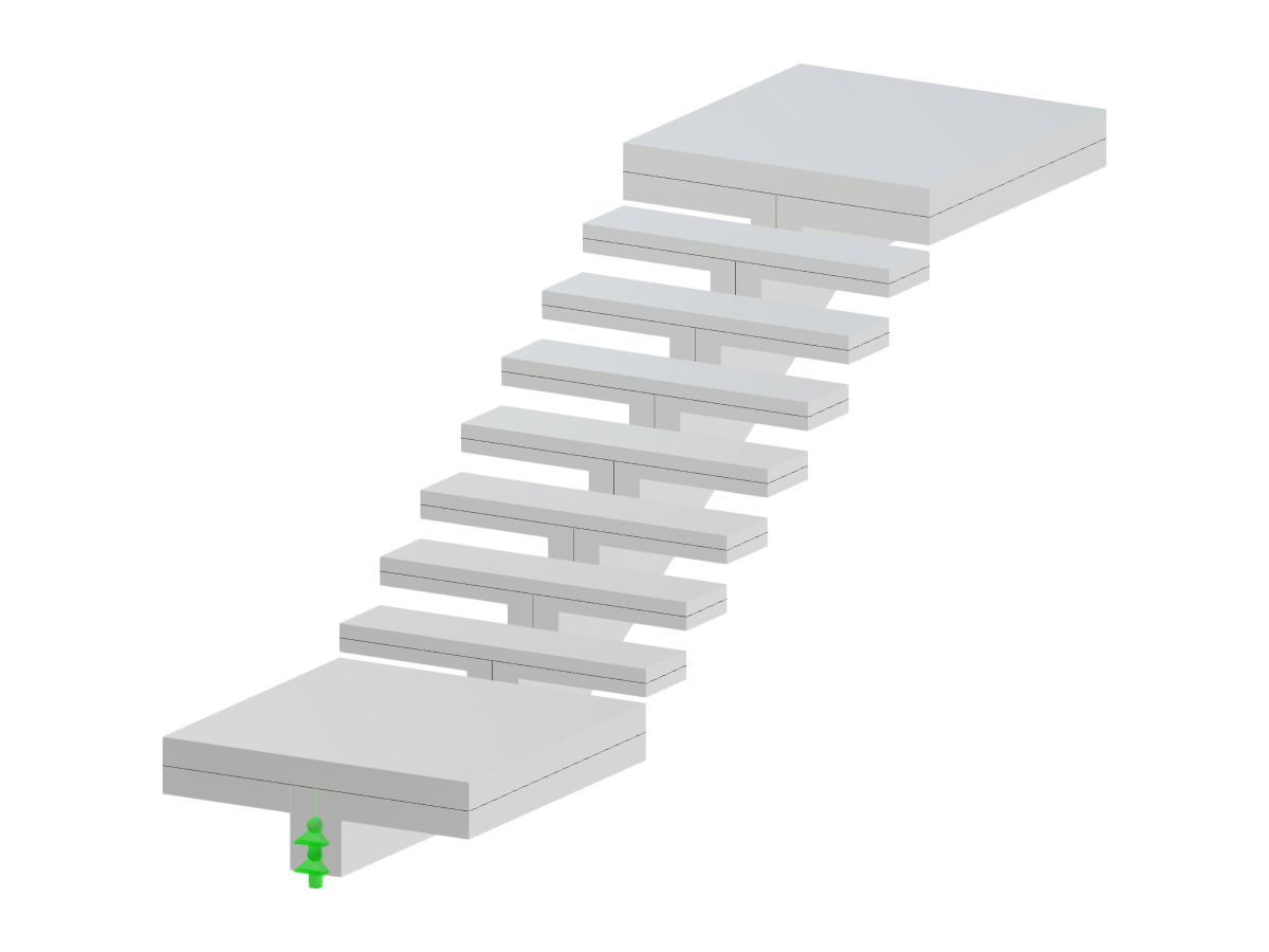 Concrete staircase with a single-flight, supported by a central spine beam anchored to surrounding structures.