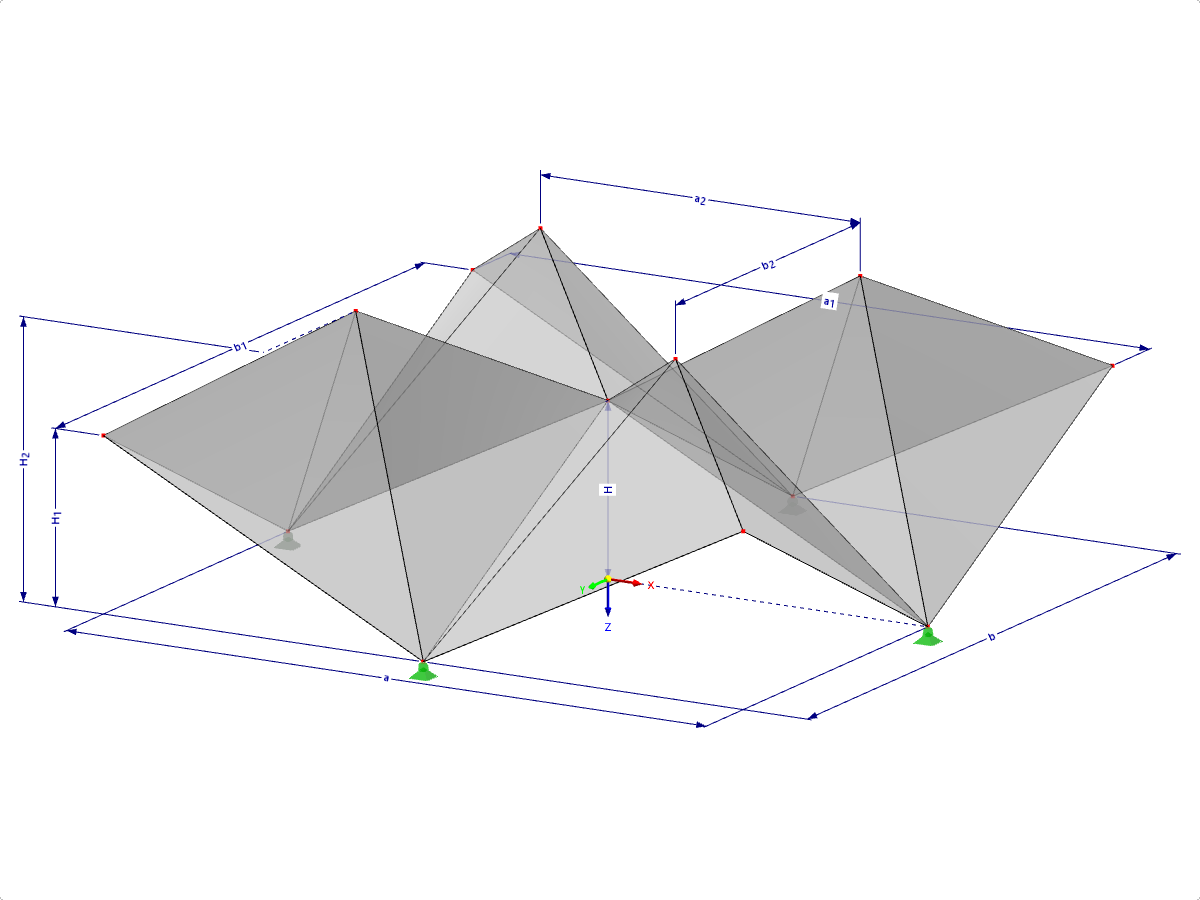 Model 000512 | FPC010 | Prismatic Folded Structure Systems. Cross-Folded Surfaces Spanned Diagonally over Rectangular Floor Plan, Ridges Folded Upwardly with Parameters