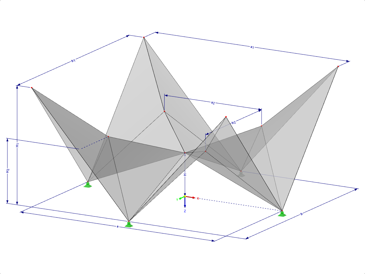 Model 000531 | FPC012 | Prismatic Folded Structure Systems. Cross-Folded Surfaces Spanned Diagonally over Rectangular Floor Plan, Ridges Sloping Toward Center with Parameters