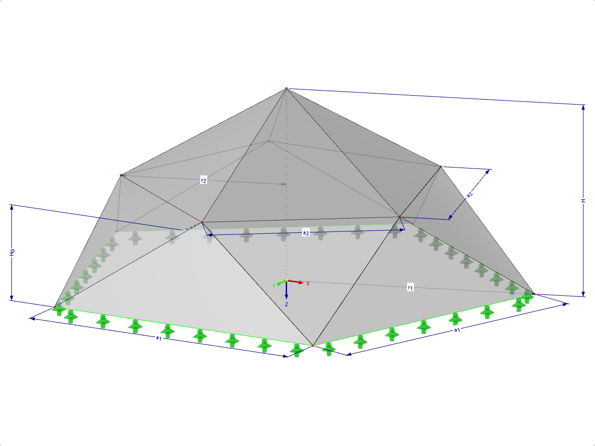 Model 001326 | FPC022-b (More General Variant to 034-FPC022-a) | Pyramidal Folded Structure Systems. Folded Triangular Surfaces. Pentagonal Floor Plan with Parameters