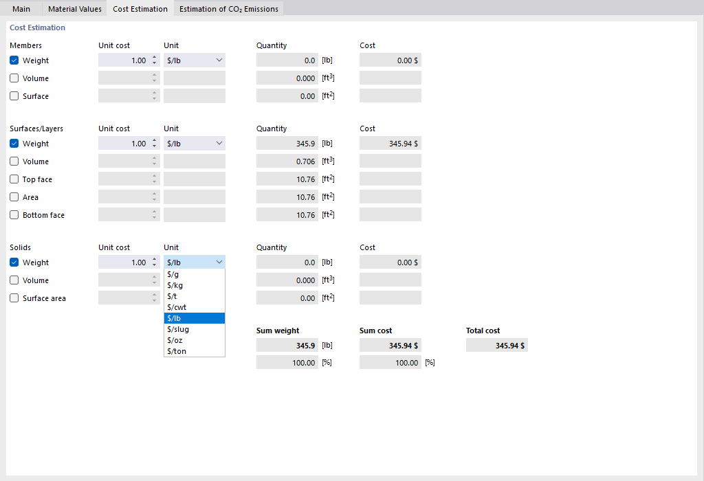 Defining Unit Costs and Units for Material