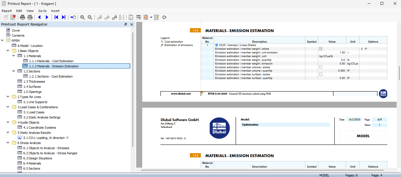 Emission Estimation for Materials in Printout Report