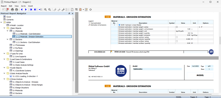 Emission Estimation for Materials in Printout Report