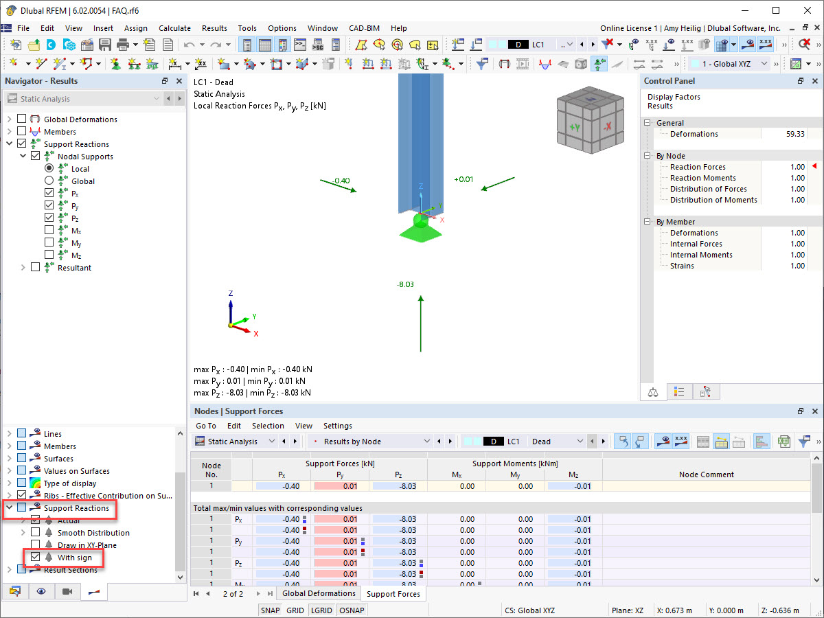 FAQ 005356 | Why are the support reaction orientations shown graphically opposite of what I expect based on the table result output?