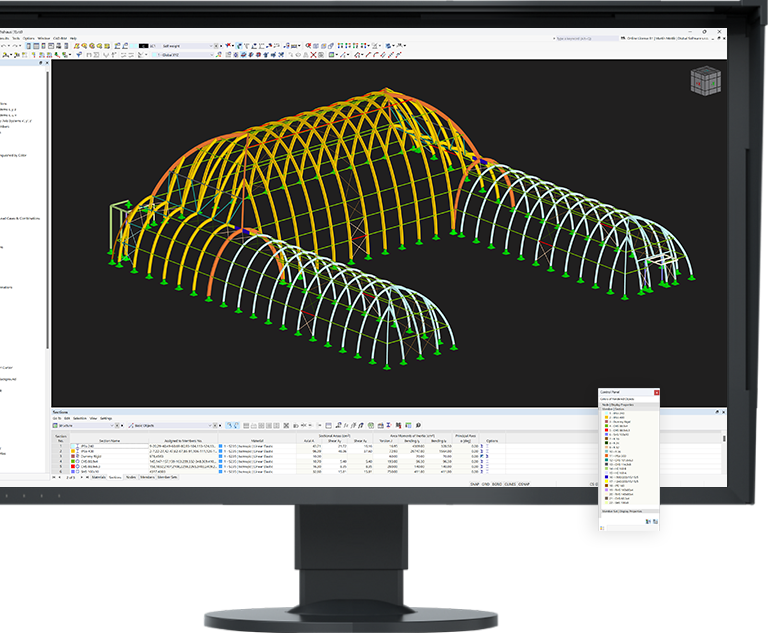 This RSTAB model depicts a U-shaped show greenhouse with three interconnected arched sections.