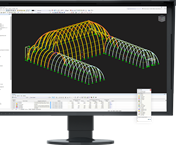 This RSTAB model depicts a U-shaped show greenhouse with three interconnected arched sections.