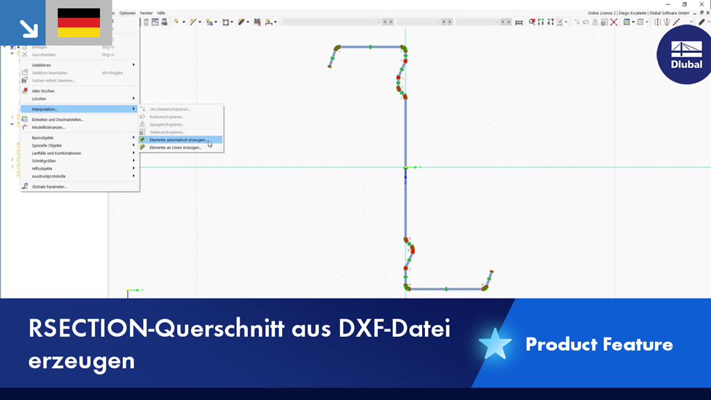 Display of the process for creating an RSECTION cross-section from a DXF file. It shows the import function and the generated geometric data of the cross-section.