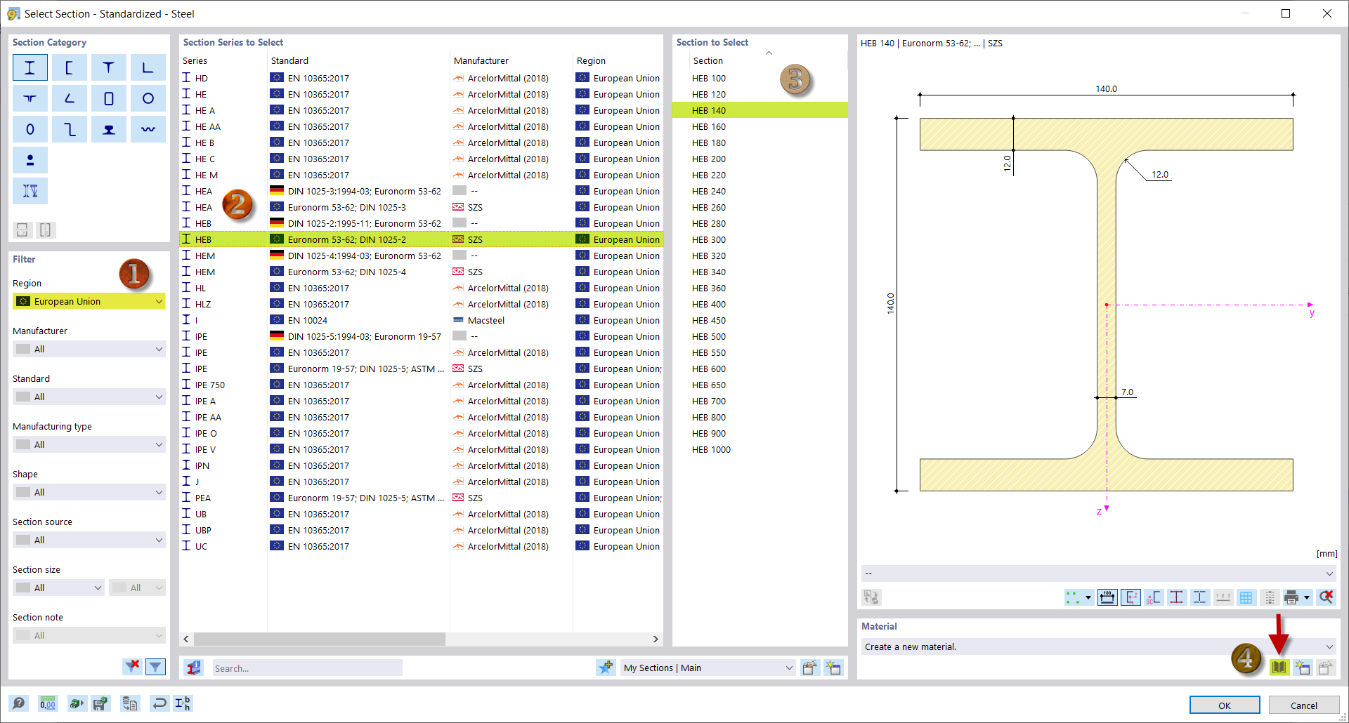 Selecting Cross-Section HEB 140 in Library