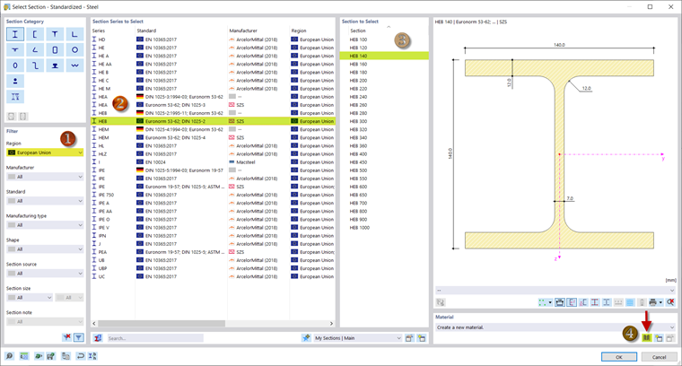 Selecting Cross-Section HEB 140 in Library