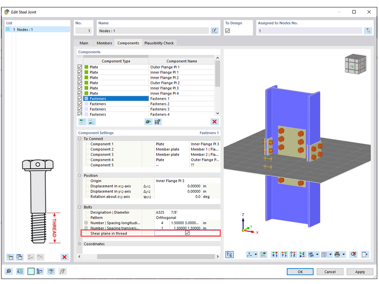 FAQ 005374 | Can I exclude the bolt threads from the shear planes in the Steel Joint A