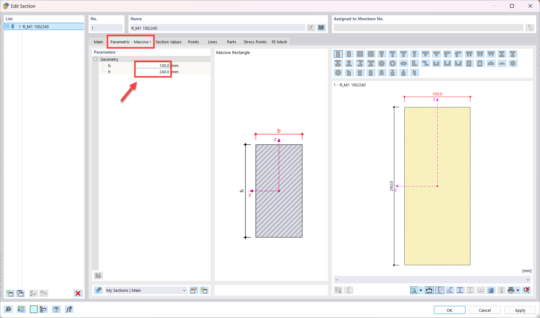 Specifying Cross-Section Dimension