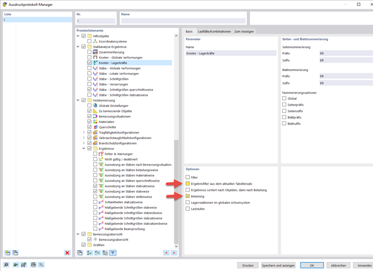 Options in Printout Report Manager