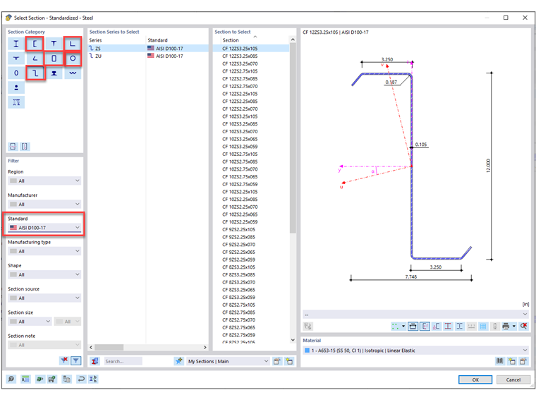 FAQ 005376 | Which standardized sections are valid for AISI cold-formed steel design in RFEM 6?