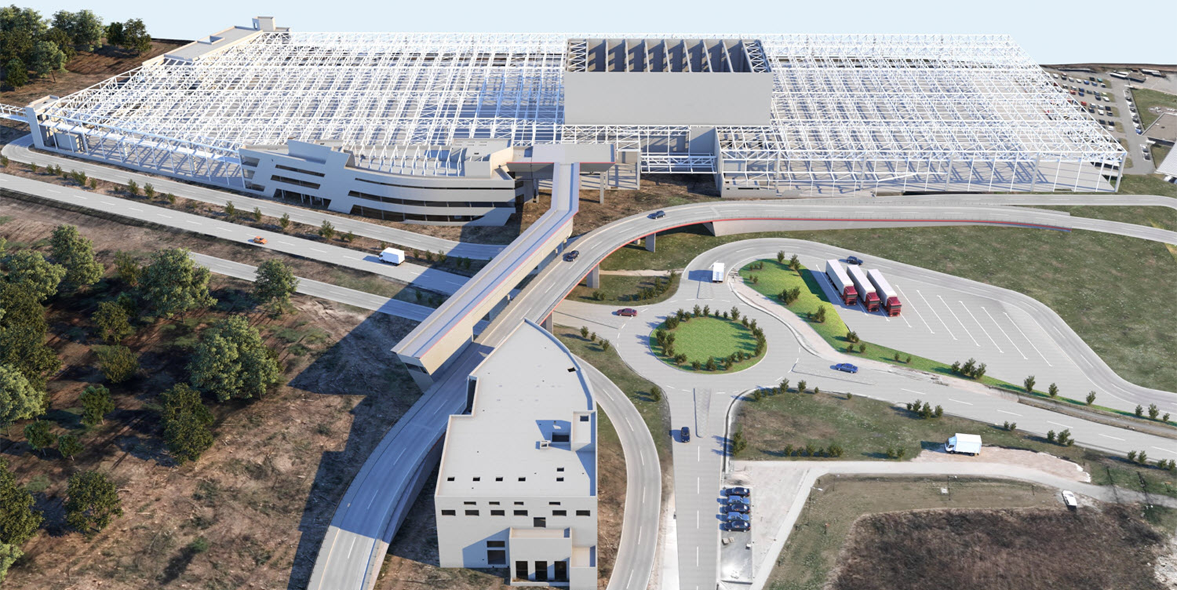 Visualized Planning Model of the New Plant with Pedestrian and Media Bridge (Middle) and New Factory Building (Top) (© Engineering Office Grassl GmbH)