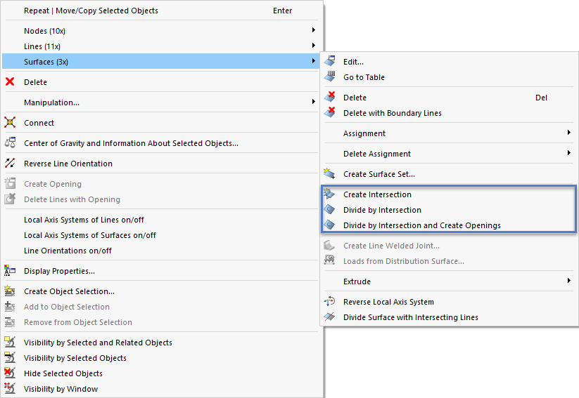 Intersection Options in Surface Shortcut Menu