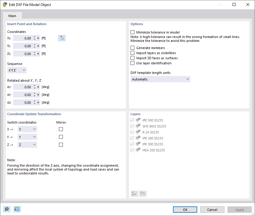 Settings for DXF Import