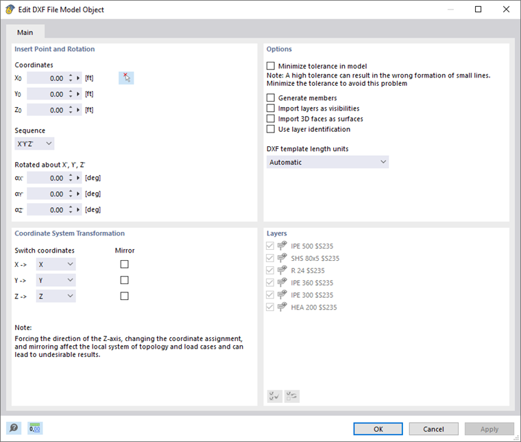 Settings for DXF Import