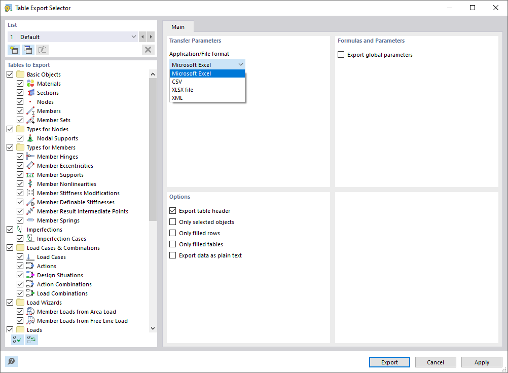 Settings for Export of Tables