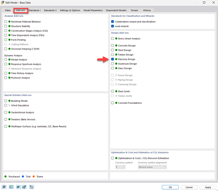 Activating the add-on for masonry design in the software interface. The setup process is presented.