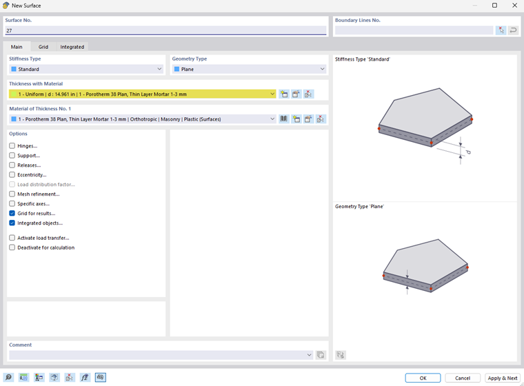 Dialog box displaying options for creating a new surface, including material selection and geometric settings.