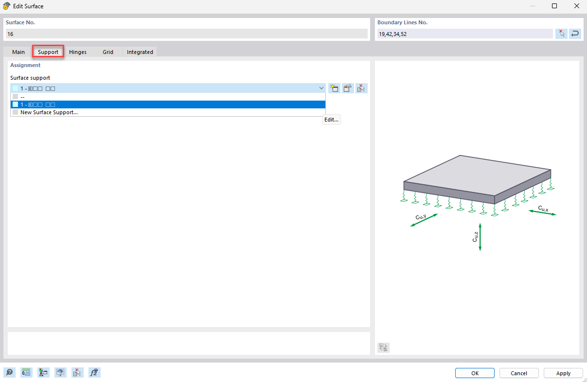 Selection menu for surface support in structural engineering software for modeling structural support points.
