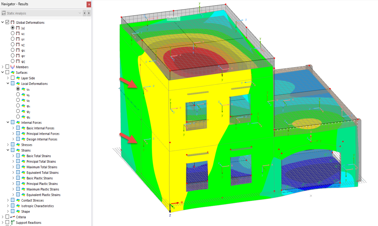 Visual display of the result members in a simulation or modeling software.