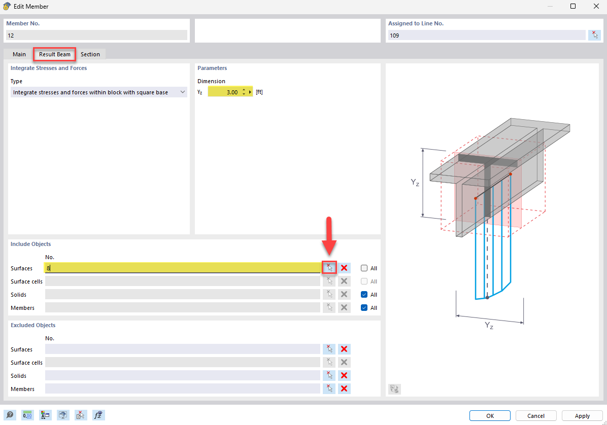 Result member for setting surface parameters in an analysis software illustrates the definition of specific surfaces in a digital model for the analysis of structural properties.