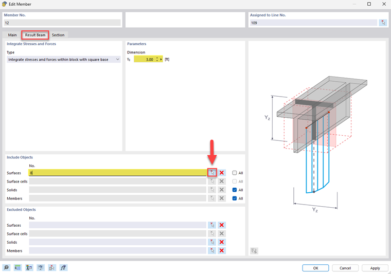 Result member for setting surface parameters in an analysis software illustrates the definition of specific surfaces in a digital model for the analysis of structural properties.