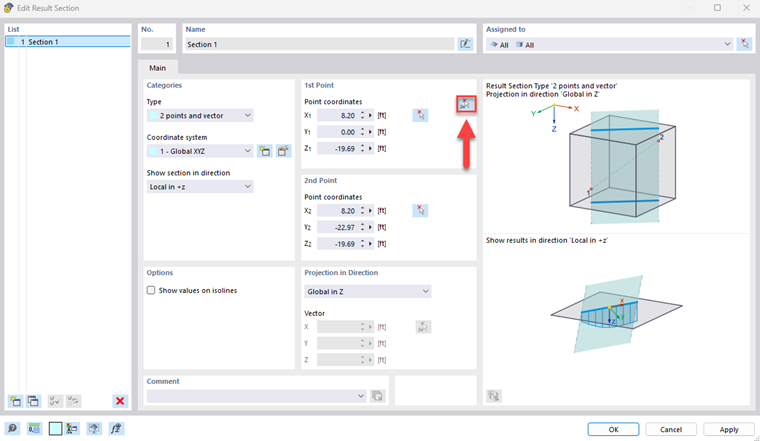 Some beams in the 3D model are analyzed by a result section.