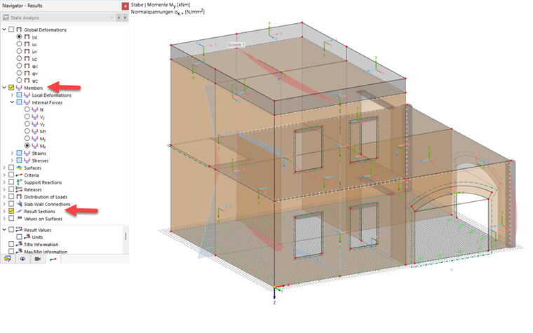 Visualization of stress distributions and internal forces along a beam element in structural engineering.
