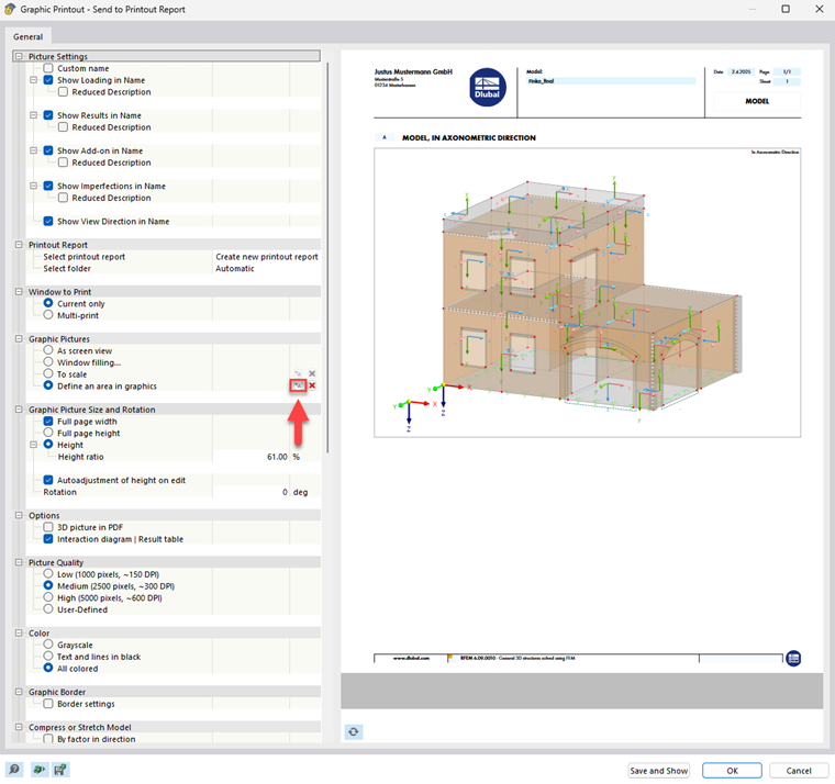 Display of the definition of a compression area in a graphical view of a structural model.