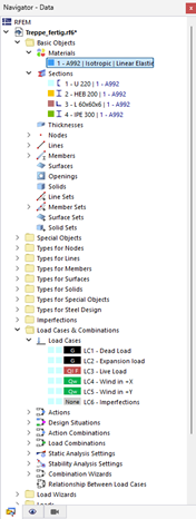 Structural analysis of a staircase tower with detailed model data.