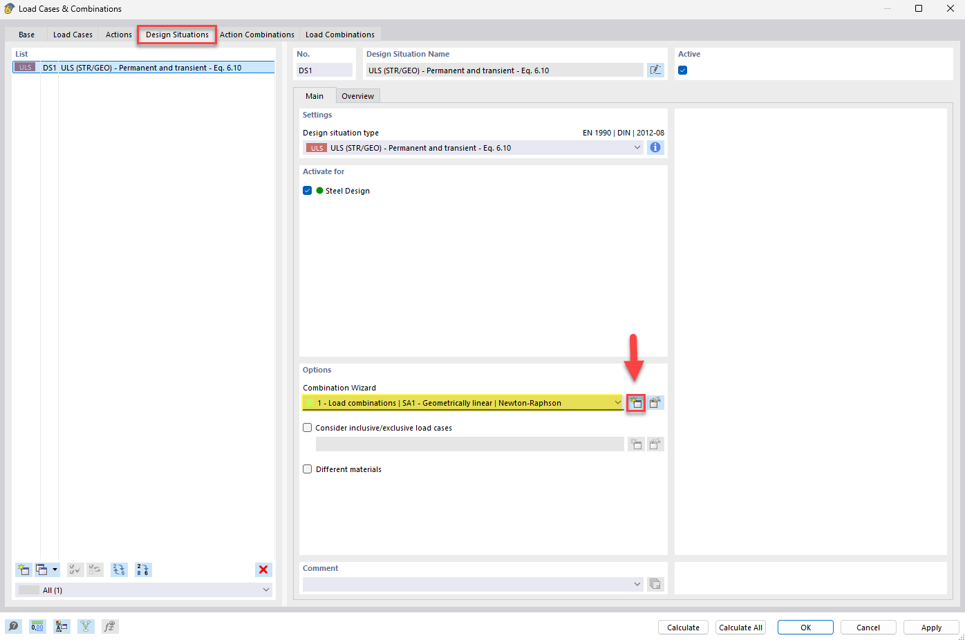 User interface of the combination wizard shows settings and options for load combination.