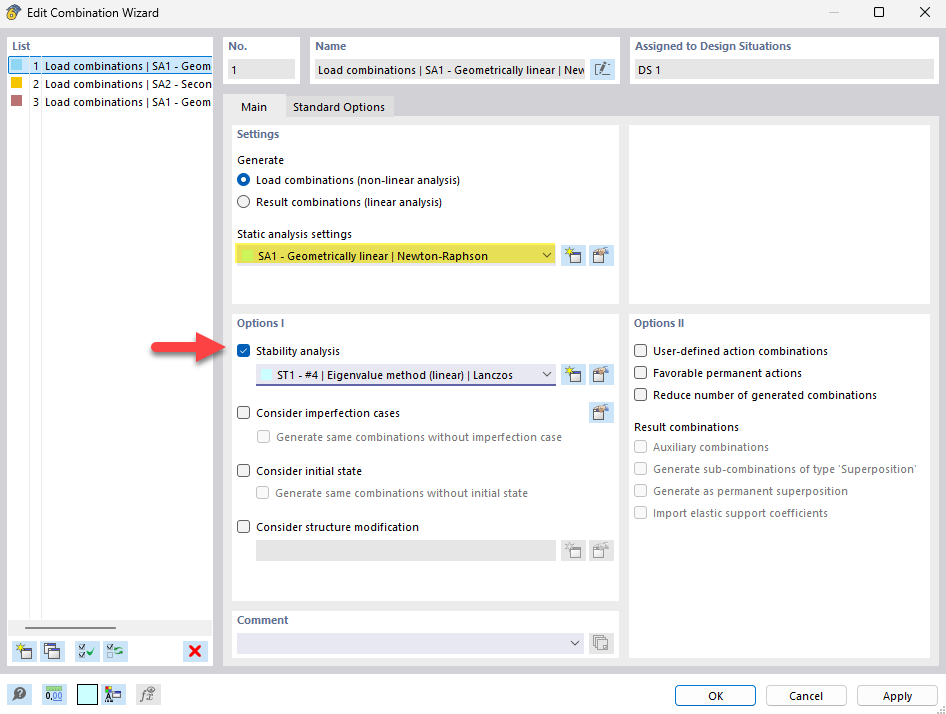 The Combination Wizard shows the activation of the stability analysis option in the user interface of a software program.