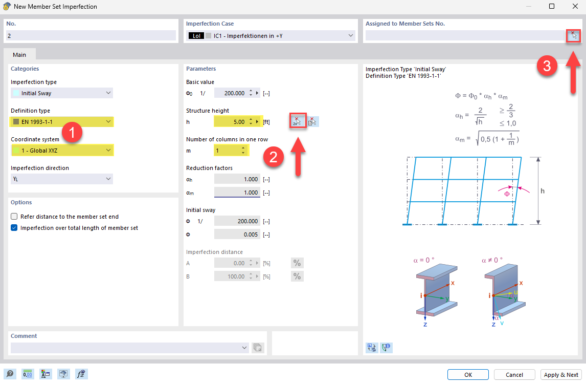 Visualization of a member set imperfection in a structural analysis tool.