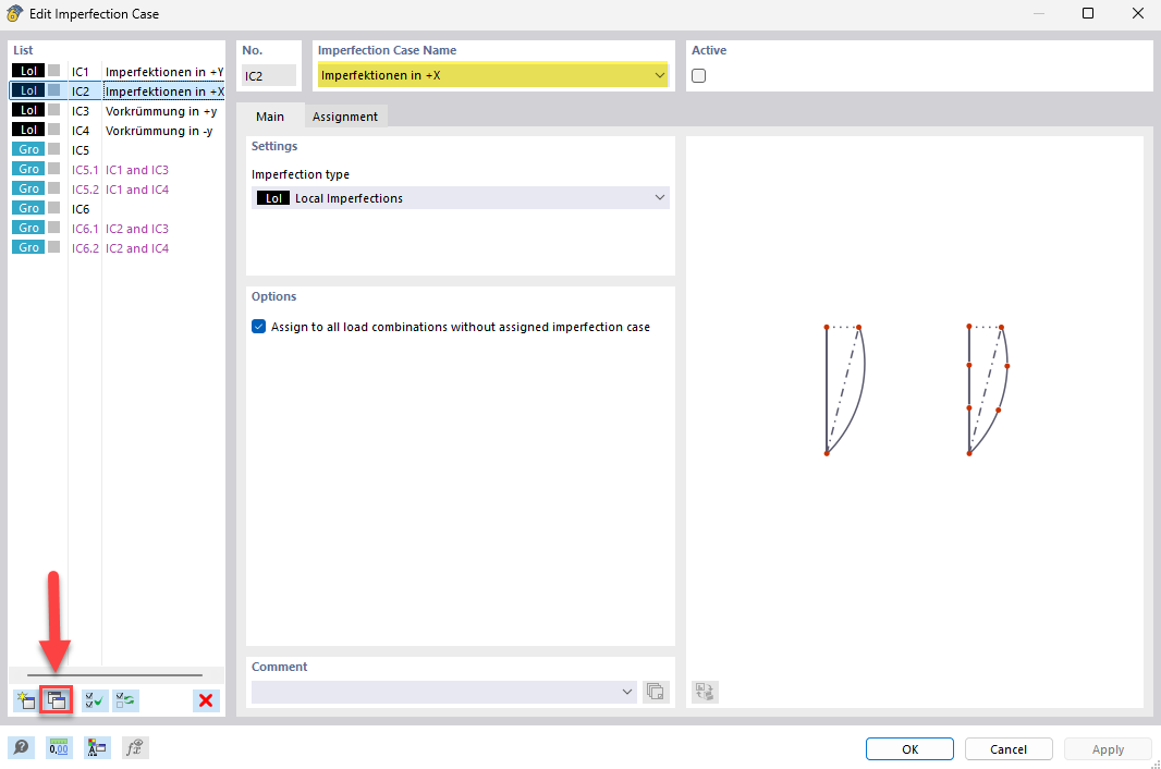 Duplicating an imperfection case in a structural analysis to avoid fundamental errors and instabilities.