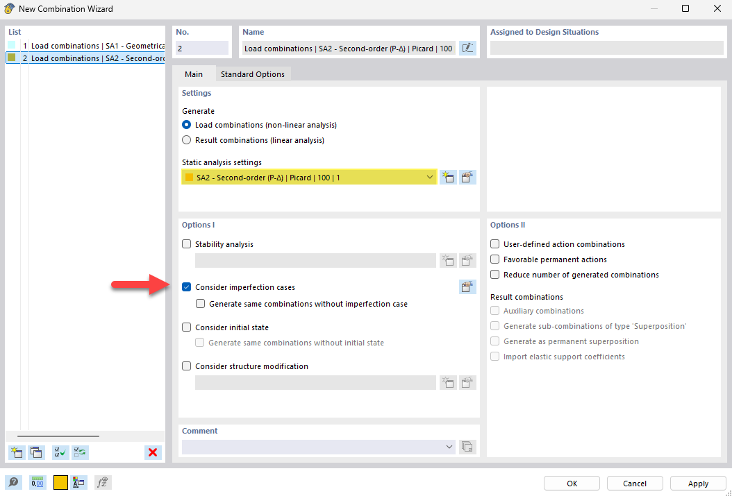 Imperfecton visualization in structural combinations using the Combination Wizard.