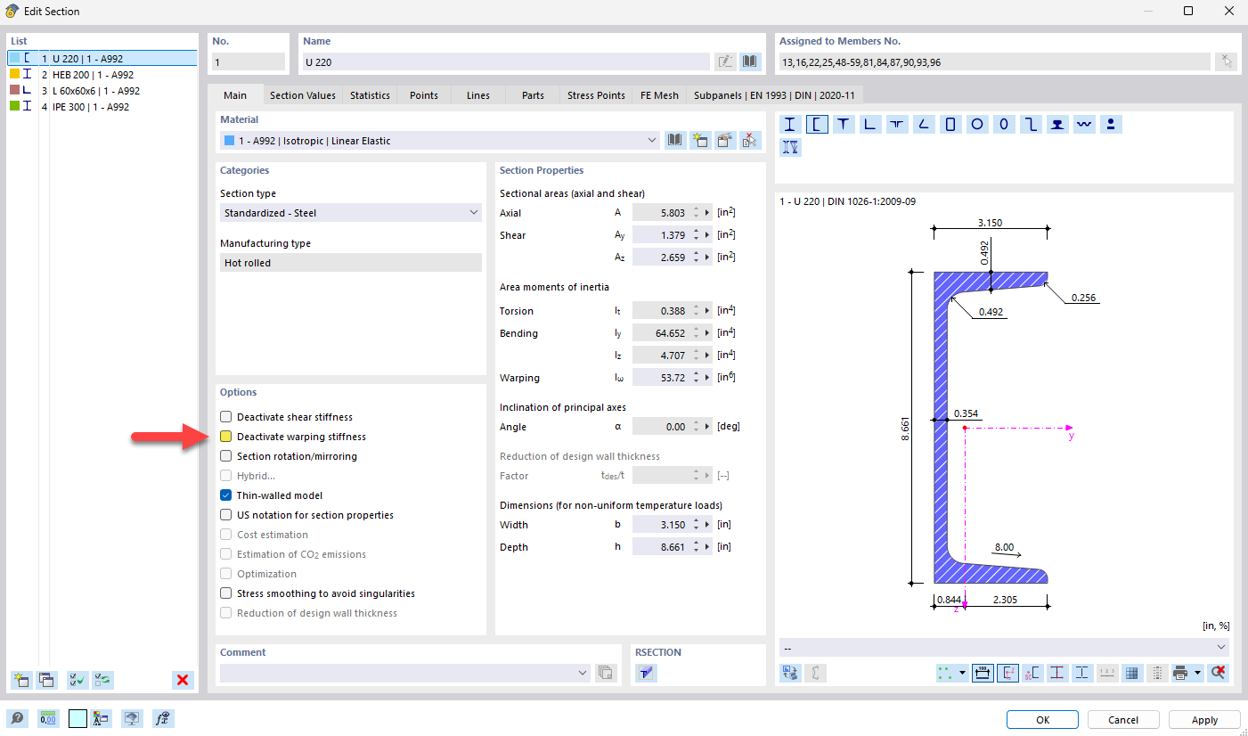 Deactivating the warping stiffness of a cross-section in the software interface.