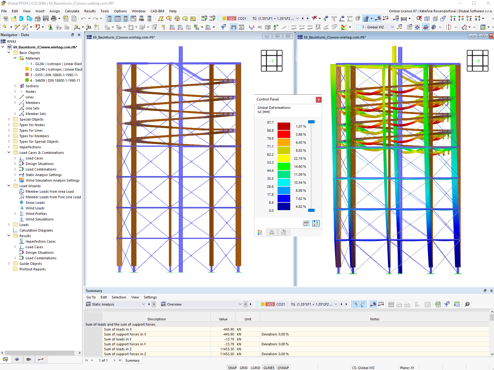 Model and Deformation Graphic of Tower in RFEM